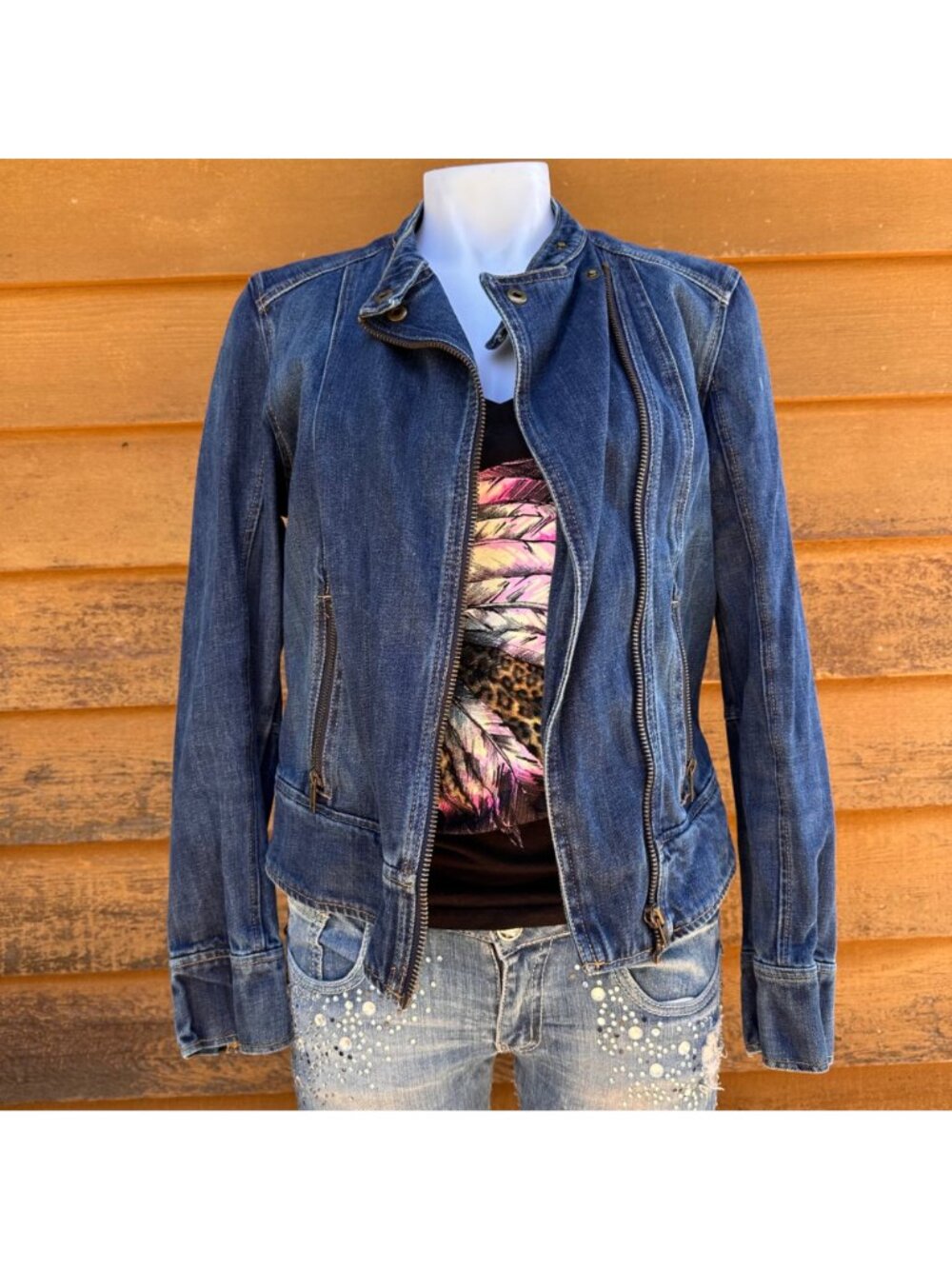 Gap Womens Denim Moto Jacket Medium Blue Wash Zippered Pockets Size M - Picture 3 of 9